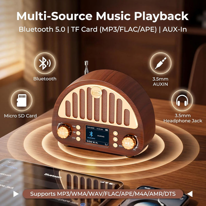 ROCAM DAB+/UKW Radio, Retro Radio mit Bluetooth 5.0, 8W Full Sound Lautsprecher, 3000mAh Akku, 2" Fa