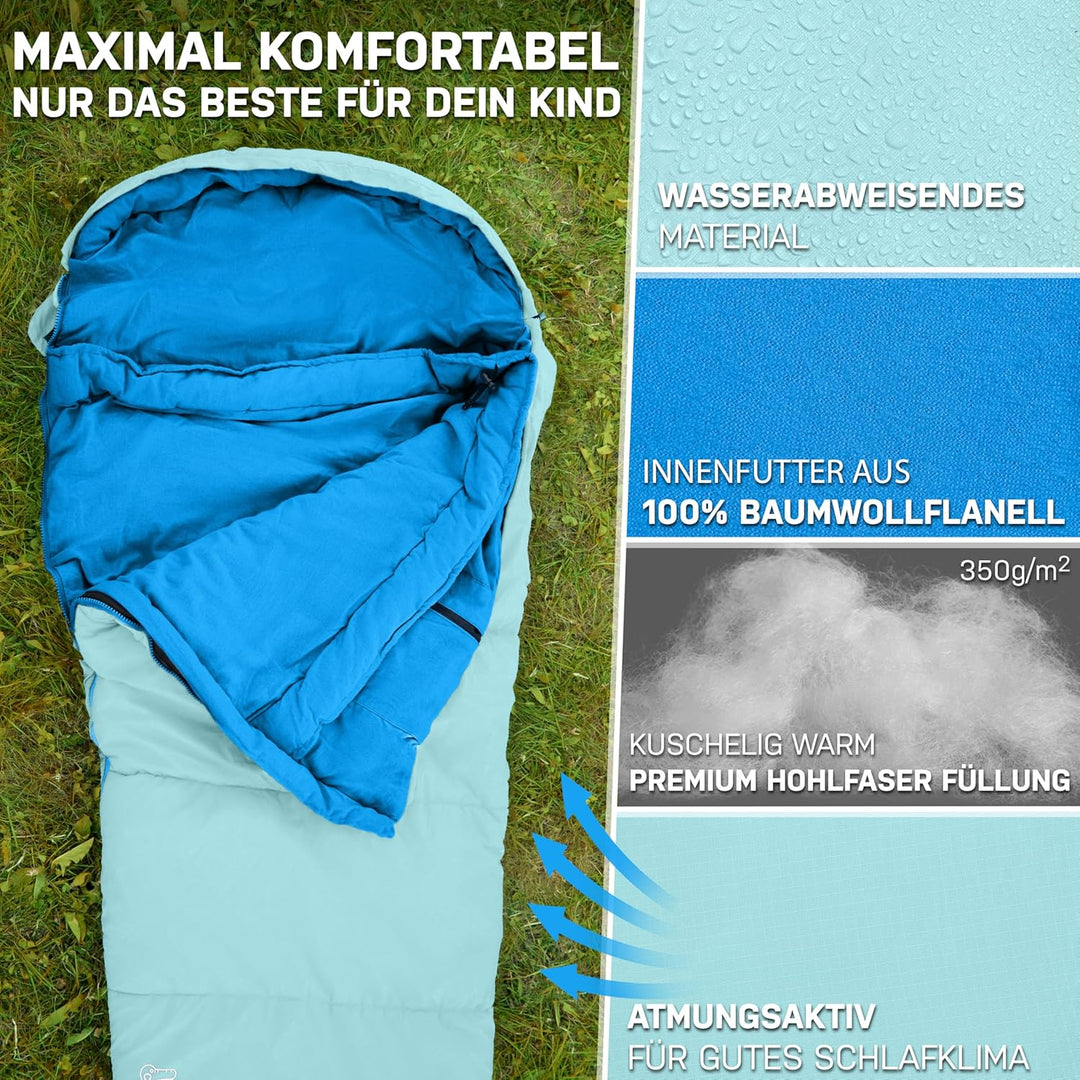 NORDBÄR® Kinderschlafsack für Jungs & Mädchen bis 145 cm Körpergrösse | Innenfutter aus 100% Baumwol