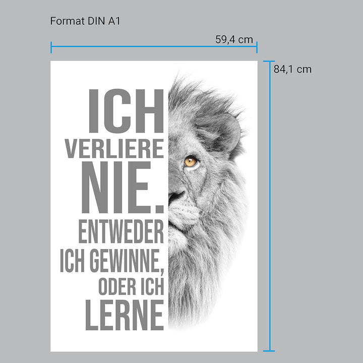 wandmotiv24 Poster als Wanddeko, Grösse Din A1, ich verliere nie, Weiss, Löwe, Moderne Wanddeko, Wan