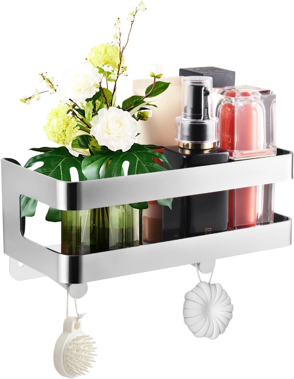 Duschablage Edelstahl Badezimmer Organizer, Duschregal mit Haken für Shampoo und Duschgel (Silber) (