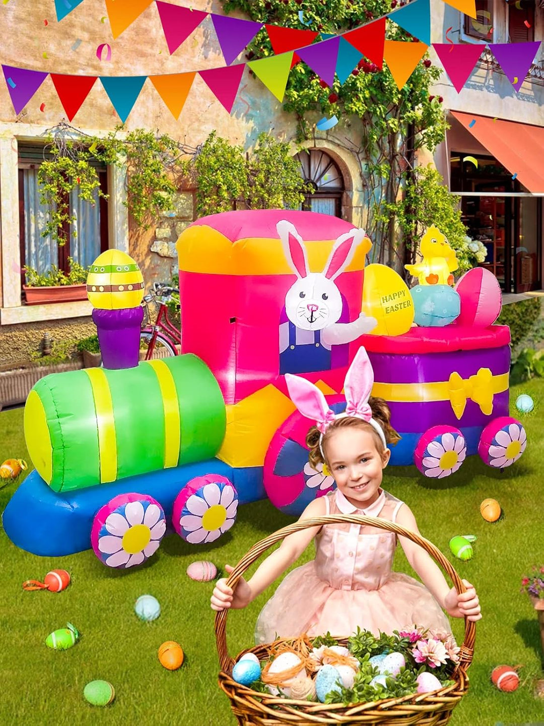 Kalolary Aufblasbarer Hase für Ostern, 8 Fuss lang Aufblasbarer Osterhase im Zug Blow up Ostern Outd