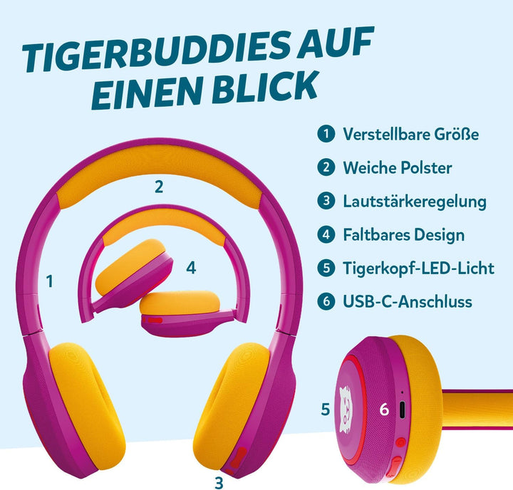 tigermedia tigerbuddies Bluetooth Kopfhörer Kinder | Faltbare Kinder Kopfhörer ab 4 Jahren | Mit Lau