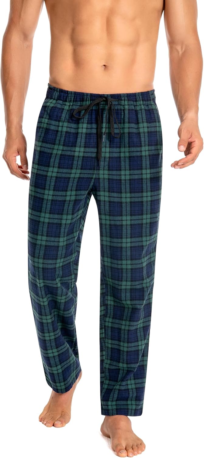 Schlafanzughose Herren 100% Baumwolle Flannel Pyjamahose Kariert Loungehose mit Taschen Nachtwäsche