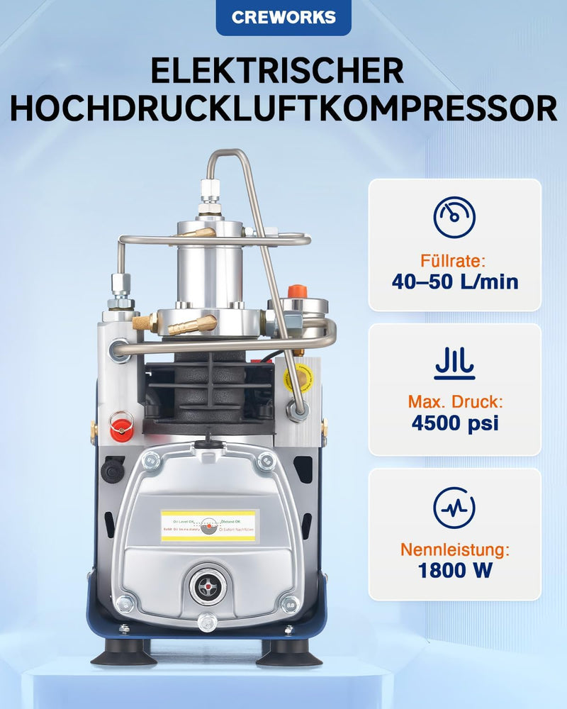 CREWORKS PCP Kompressor 300bar Automatisch Luftkompressor-Pumpe 4500PSI Hochdruckluftpumpe 1800W Kom