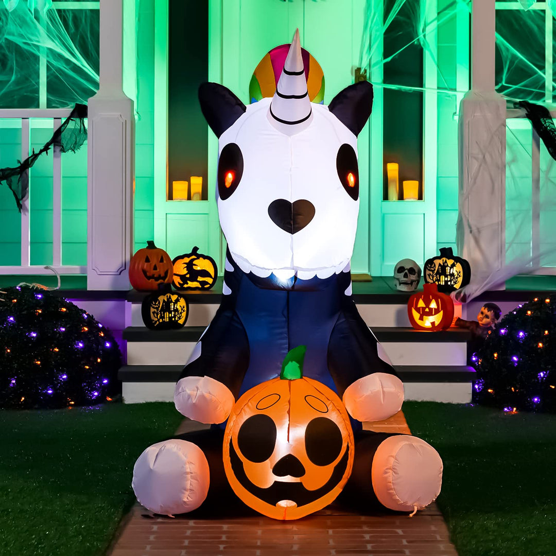 Joiedomi Aufblasbares Halloween-Skelett-Einhorn, 152 cm, aufblasbar, mit eingebauten LEDs, aufblasba