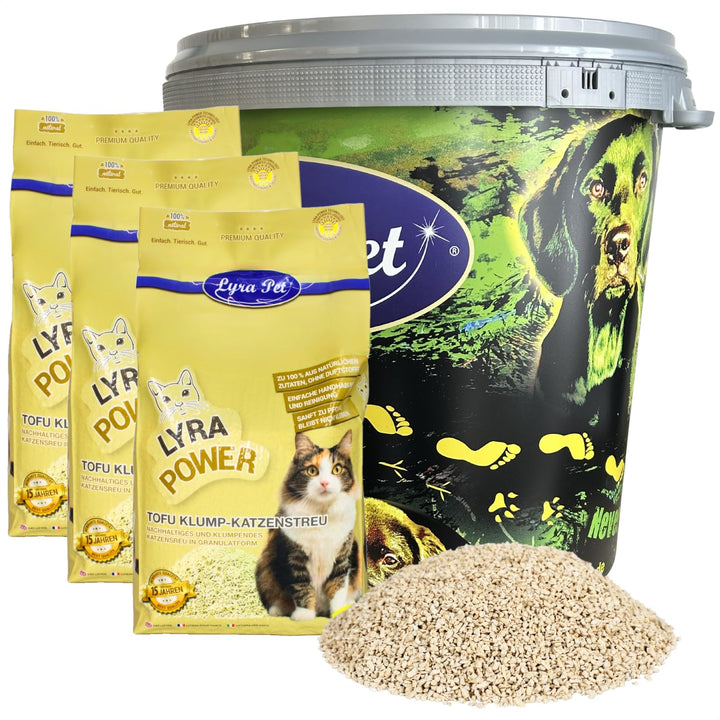Lyra Pet® | 7,5 kg Tofu Katzenstreu in 30 L Tonne | Parfümfreie Klumpstreu | 300% Saugkraft | Naturp