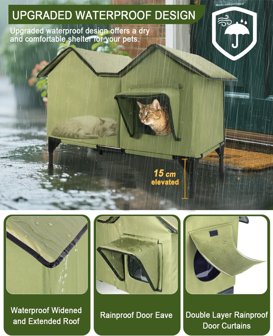 Katzenhaus im Freien, Extra Grosse wasserdichte isolierte Katzenkennel mit erhöhter Basis, Winterhau