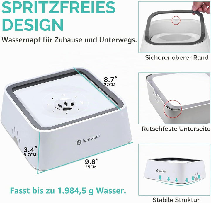 LumoLeaf Wassernapf für Hunde, 2L, Anti-Schwapp Fressnapf Hund Unterwegs mit Kohlefilter, Hundenapf