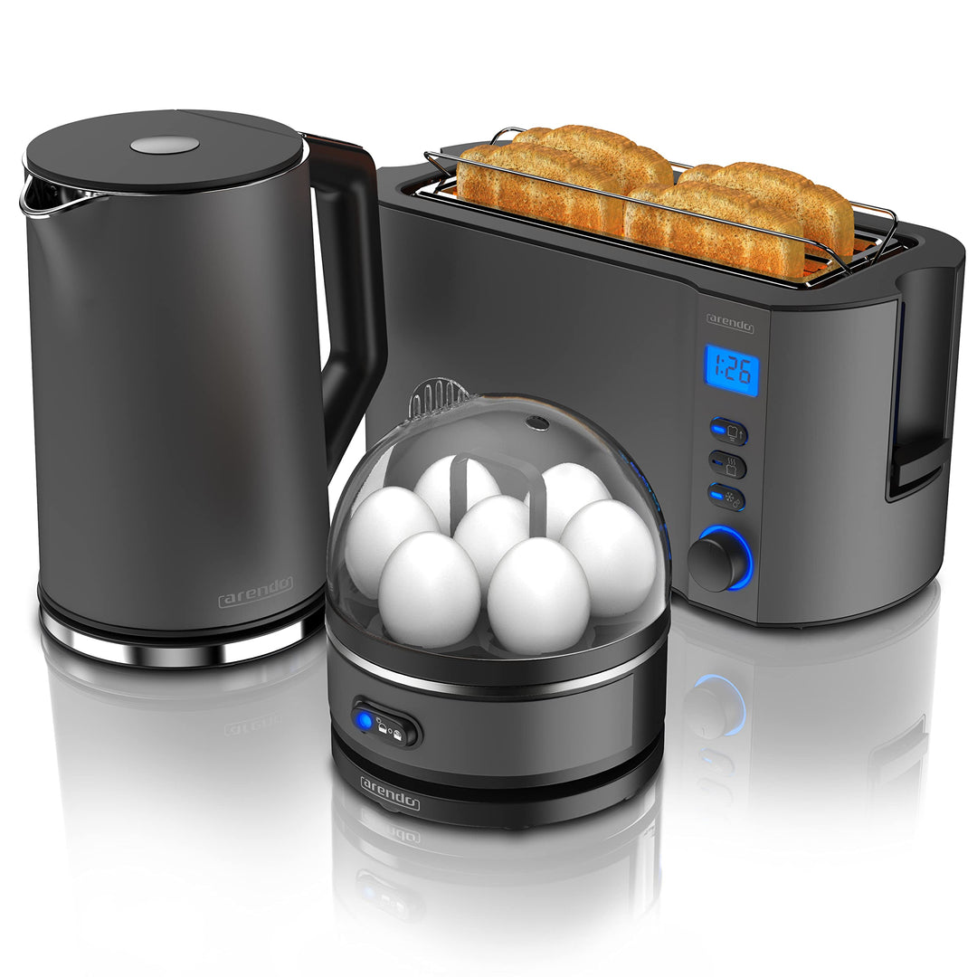 Arendo - Wasserkocher mit Toaster SET, Toaster MANHA mit Eierkocher SEVENCOOK Edelstahl Grau, Toaste