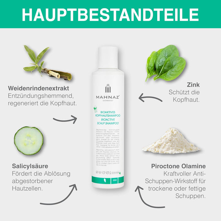 MAHNAZ® Bioaktives Kopfhautshampoo, gegen Schuppen, Juckreiz und fettige Kopfhaut, sanft &amp; wirksam,