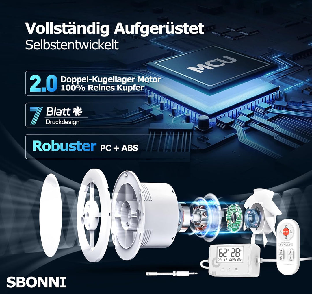3 Stufen Bad Lüfter mit Feuchtigkeitssensor Temperatursensor Timer, Badlüfter 100mm mit Fernbedienun