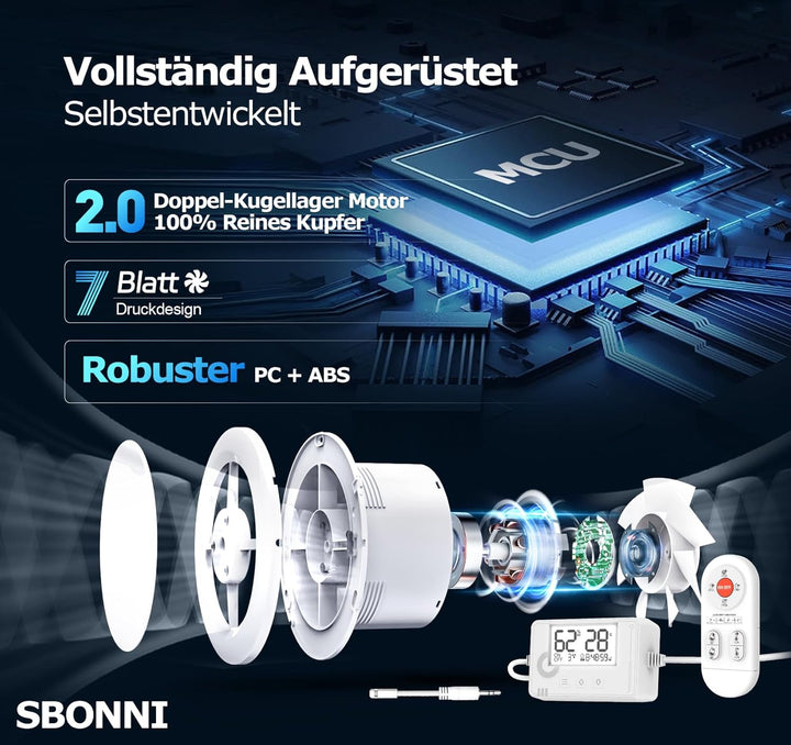 3 Stufen Bad Lüfter mit Feuchtigkeitssensor Temperatursensor Timer, Badlüfter 100mm mit Fernbedienun