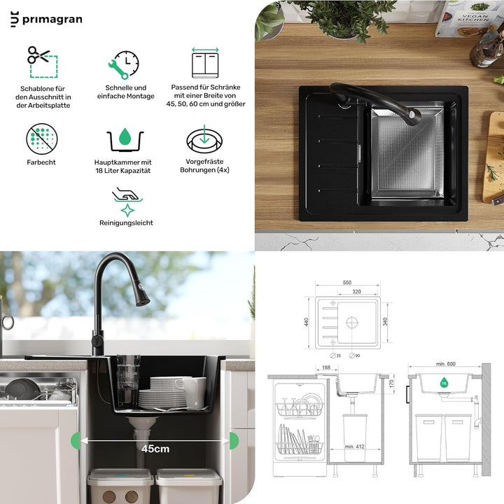 PRIMAGRAN Granitspüle Alles Schwarz 55x44cm, Spülbecken 1 Becken + Küchenarmatur 40x38cm + Ablauf-Se