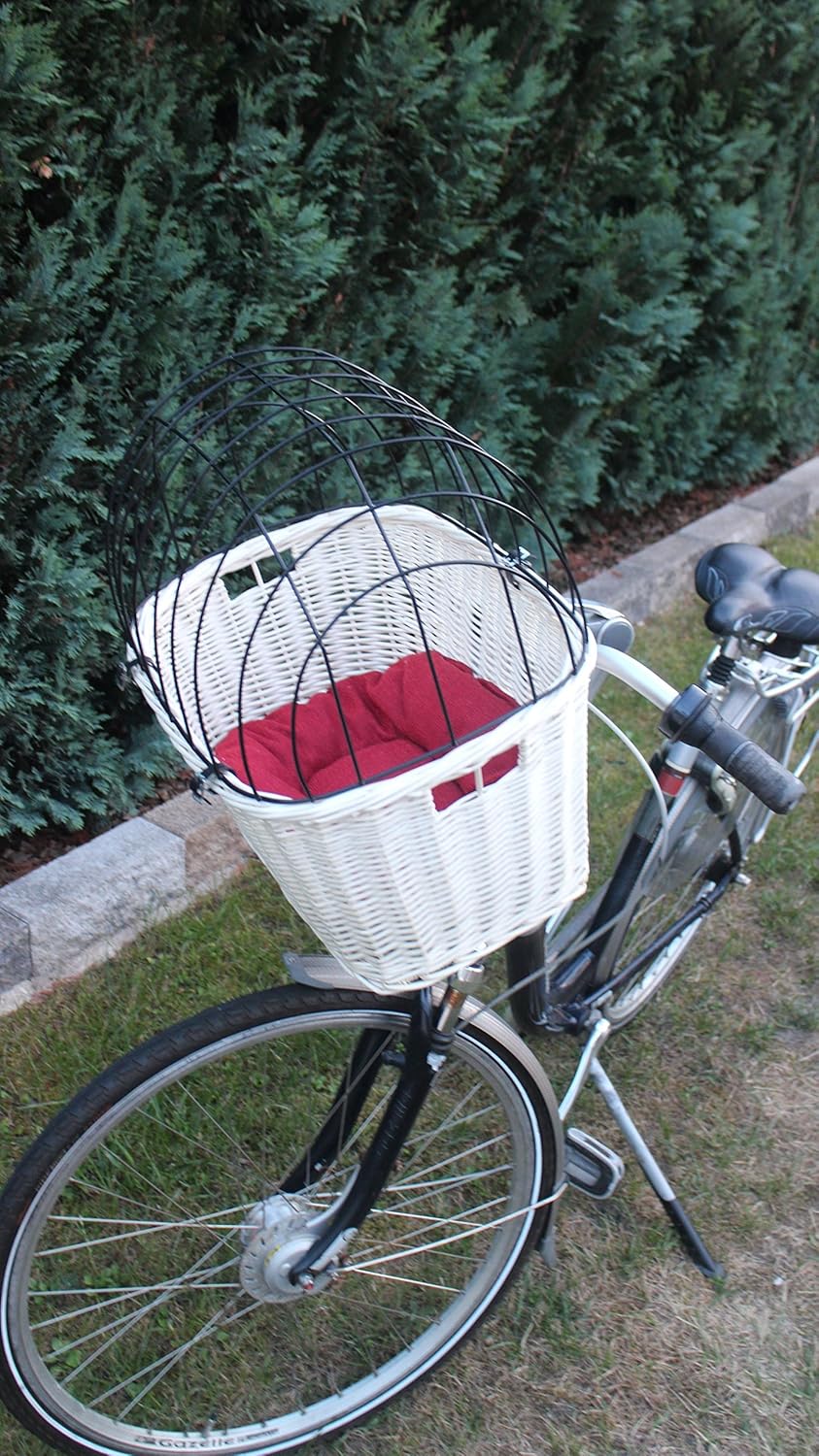 Hundefahrradkorb für Fahradlenker aus Weide mit Metallgitter und Kissen L, XL oder XXL in Weiss (XXL