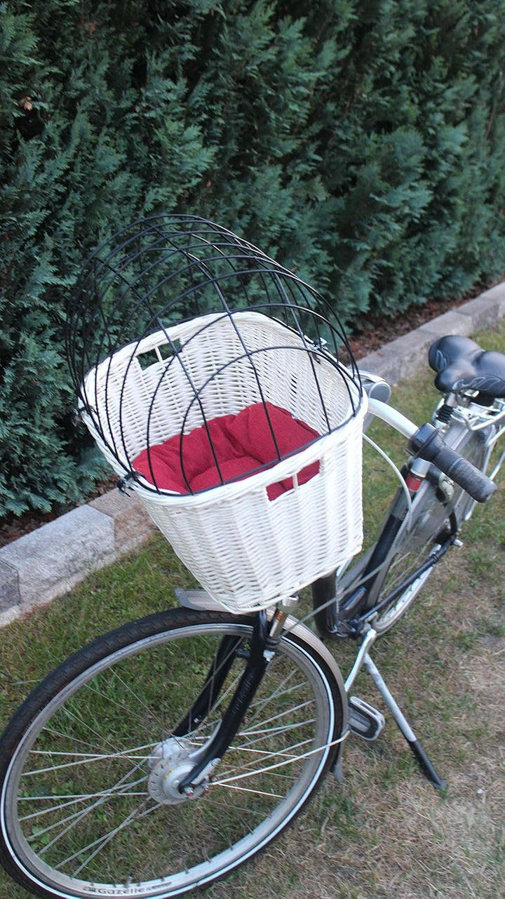 Hundefahrradkorb für Fahradlenker aus Weide mit Metallgitter und Kissen L, XL oder XXL in Weiss (XXL