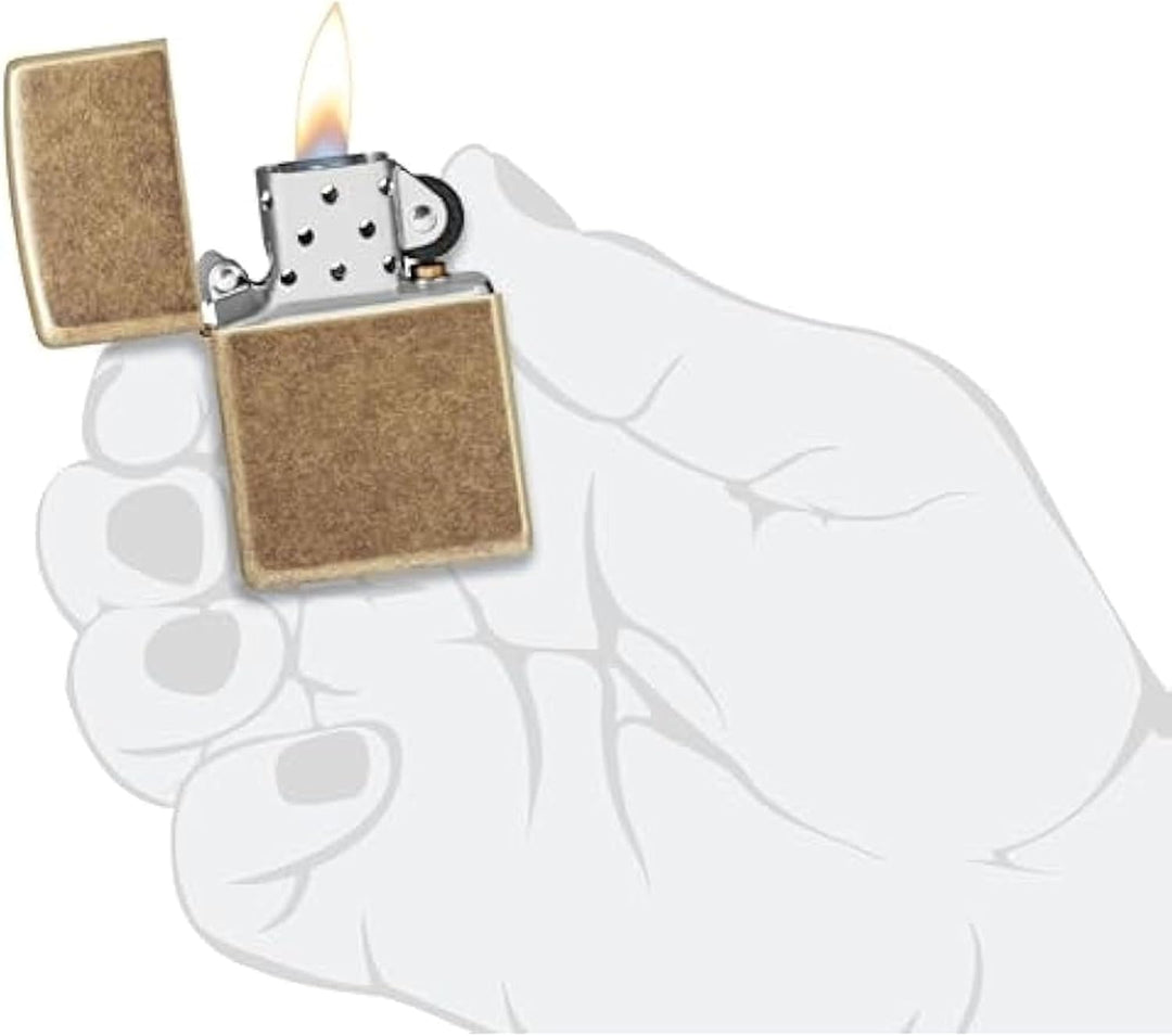 ZIPPO - Antique Brass - nachfüllbares Sturmfeuerzeug in hochwertiger Geschenkbox (Gold, Flammenmotiv