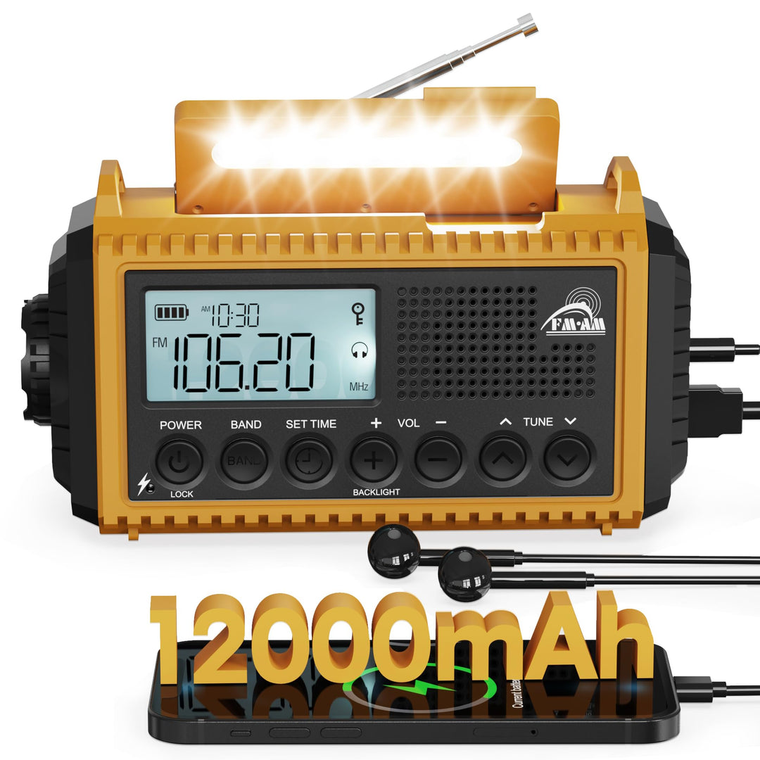 Roxicosly Kurbelradio, Notfallradio mit 12000-mAh Power Bank, AM/FM/SW Baustellenradio, Kurbel & 5-W