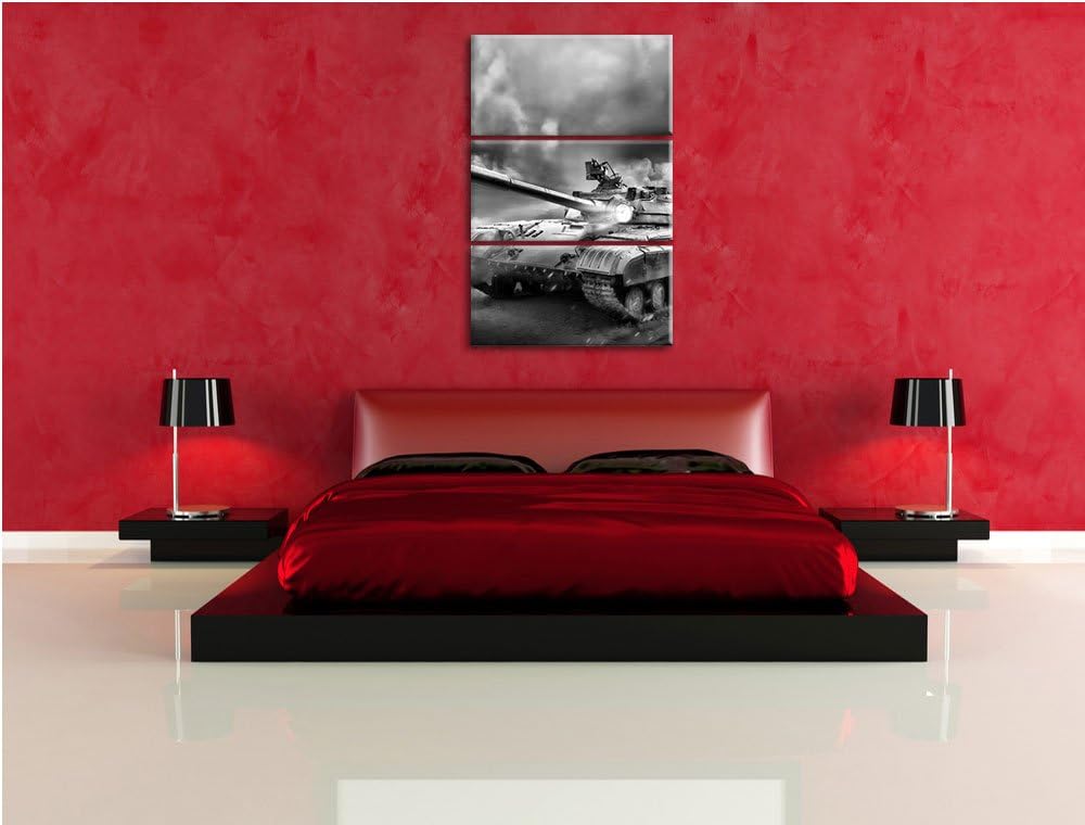 Pixxprint Panzer im Nebel 3Teiler 120x80 cm Leinwandbild Wandbild Kunstdruck