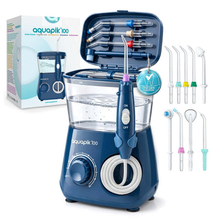 Aquapik® 100 professionelle Munddusche | Plaqueentferner + von Zahnärzten empfohlen | 8 Düsen, 10 Dr