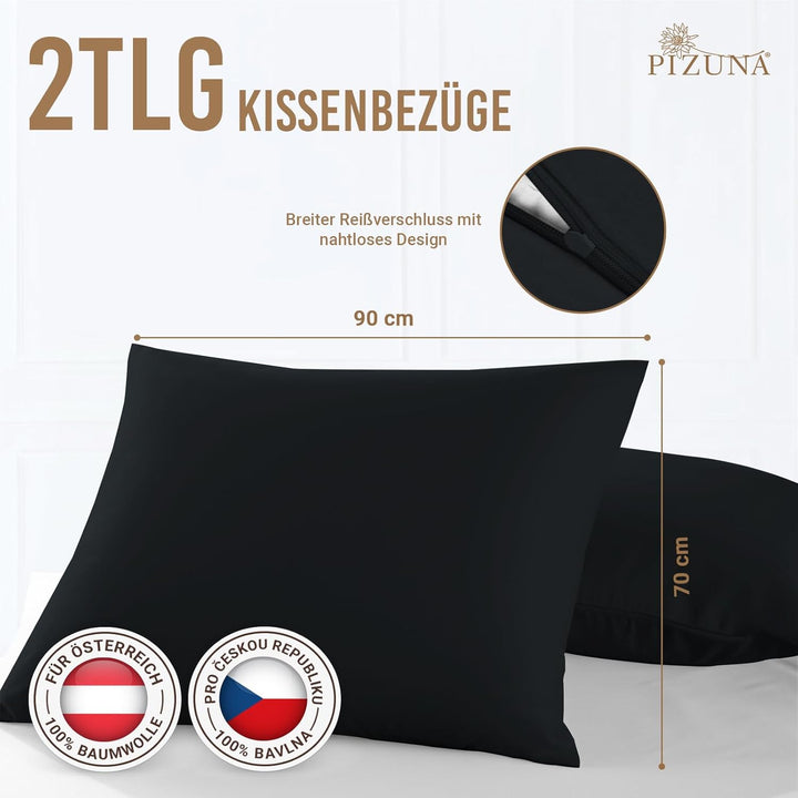 Pizuna Luxuriöser Soft-Satin 2er Pack Kissenbezug 70 x 90 cm Schwarz, 800 Fadenzahl Baumwolle Kissen