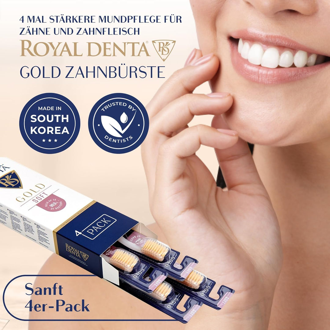 Royal Denta Gold Zahnbürsten mit weichen Borsten 4er-Pack - Doppellänge Borsten für effektive Interd