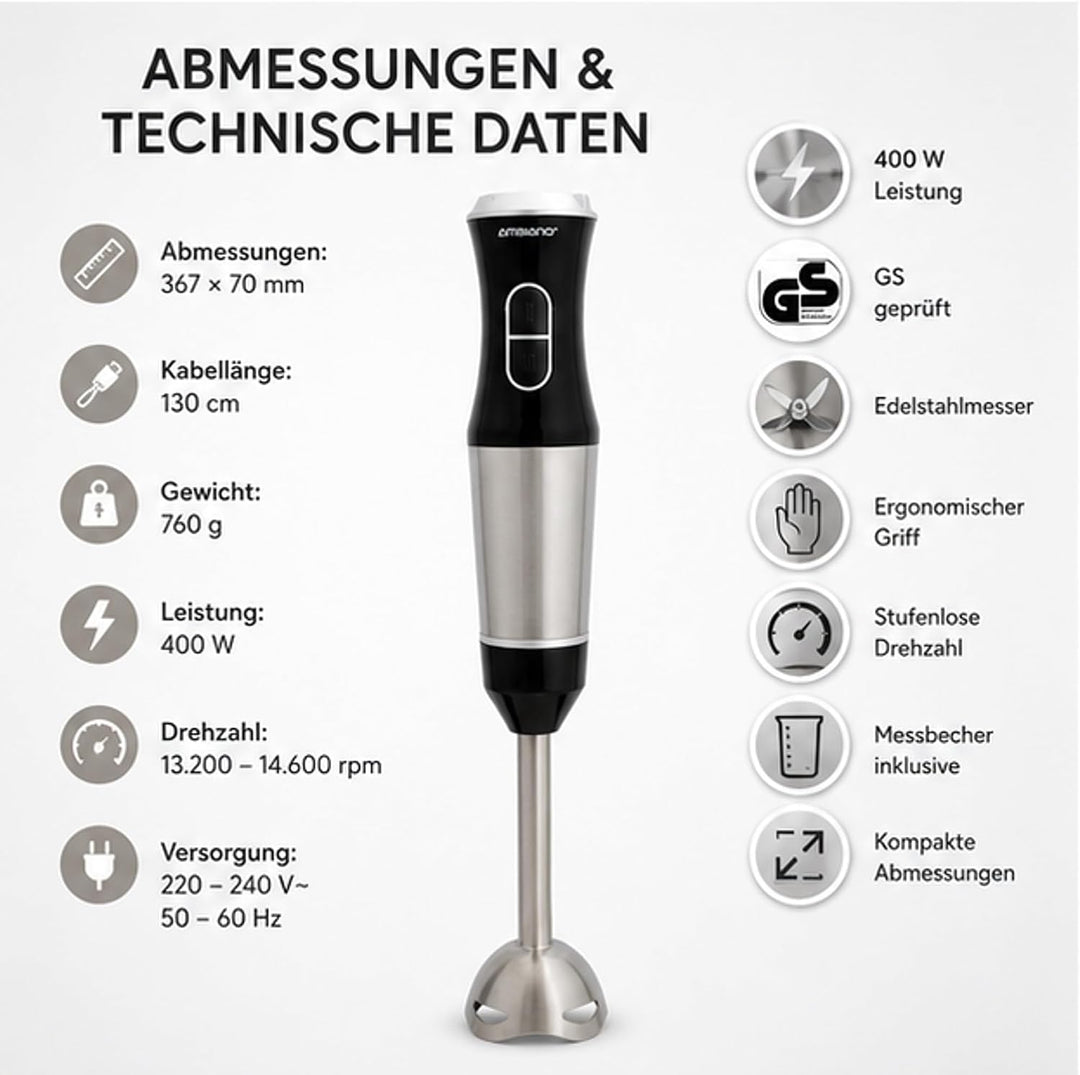 Stabmixer Edelstahl - Pürierstab elektrisch GS-Zeichen, inkl. Schneebesen & Messbecher, 400 Watt Lei