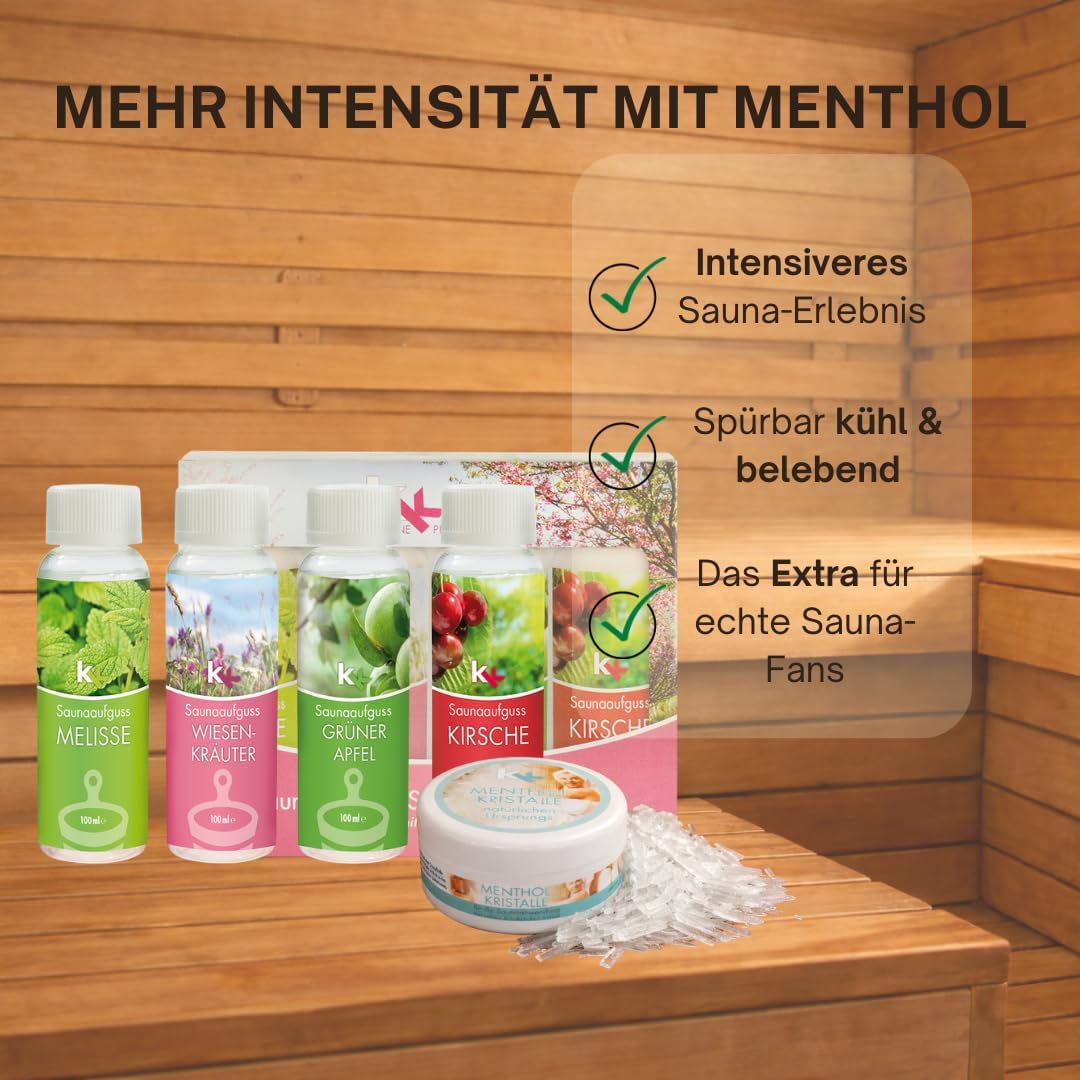 Sauna Set | KK Saunaaufgussset 4 x 100 ml + 50g Mentholkristalle | Saunakonzentrat + Menthol-Kristal
