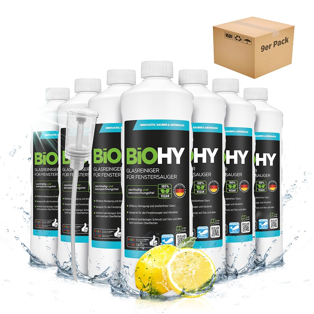 BiOHY Glasreiniger für Fenstersauger (9 x 1 Liter) + Dosierer | Fensterreiniger Konzentrat für alle