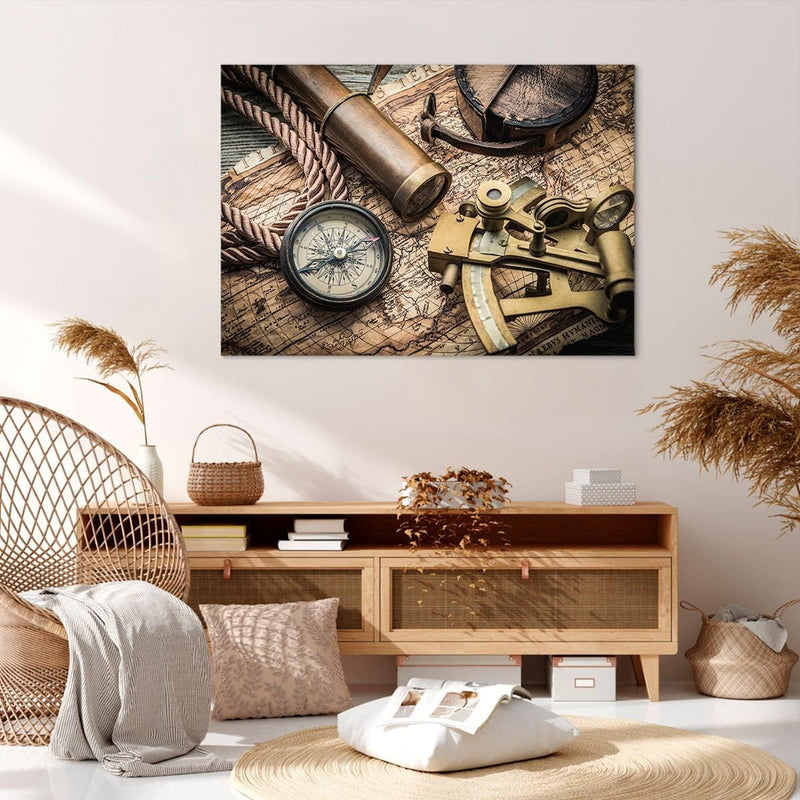 ARTTOR Bilder auf Leinwand 100x70cm Leinwandbild Kompass Kompass Karte Gross Wanddeko Bild Schlafzim