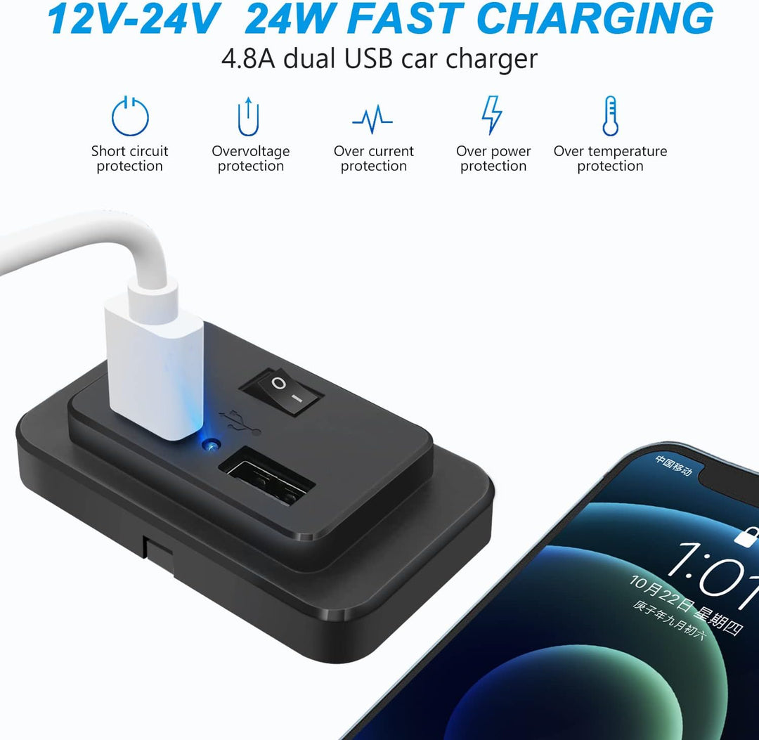 2 Stück Kfz-Ladegerätestecker, Dual USB, 4,8 A, mit Schalter, 12 V/24 V, USB-Bedienfeld, Schnelllade