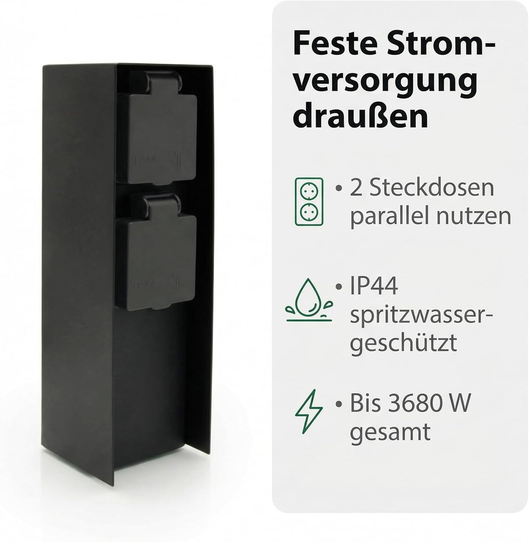 LED Universum Gartensteckdose aus Edelstahl, IP44 für aussen (Schwarz 2-fach), Schwarz 2-fach
