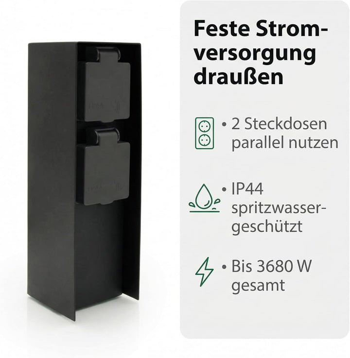 LED Universum Gartensteckdose aus Edelstahl, IP44 für aussen (Schwarz 2-fach), Schwarz 2-fach