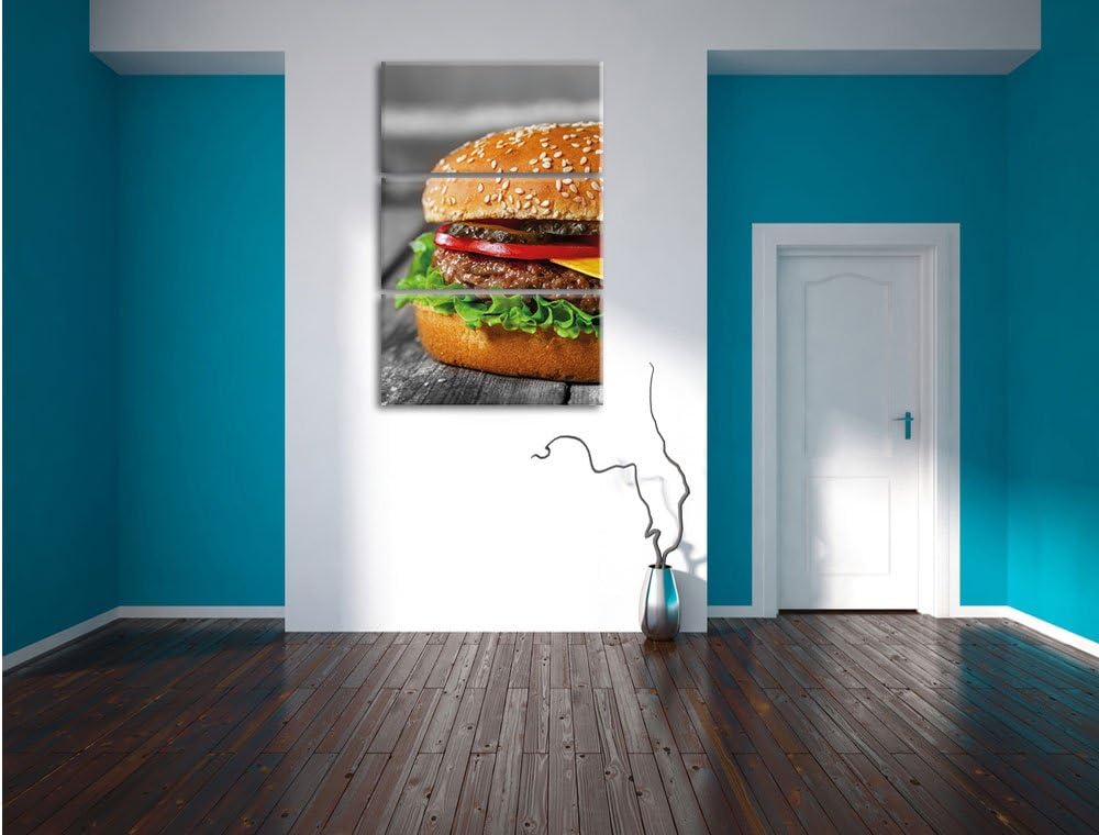 Pixxprint appetitlicher Cheeseburger als Leinwandbild/Grösse: 3 Teilig (120x80) cm/Wandbild/Kunstdru