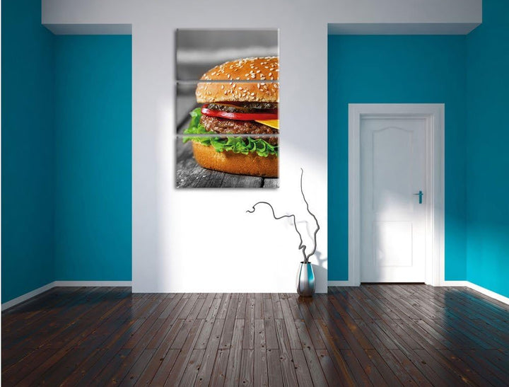 Pixxprint appetitlicher Cheeseburger als Leinwandbild/Grösse: 3 Teilig (120x80) cm/Wandbild/Kunstdru