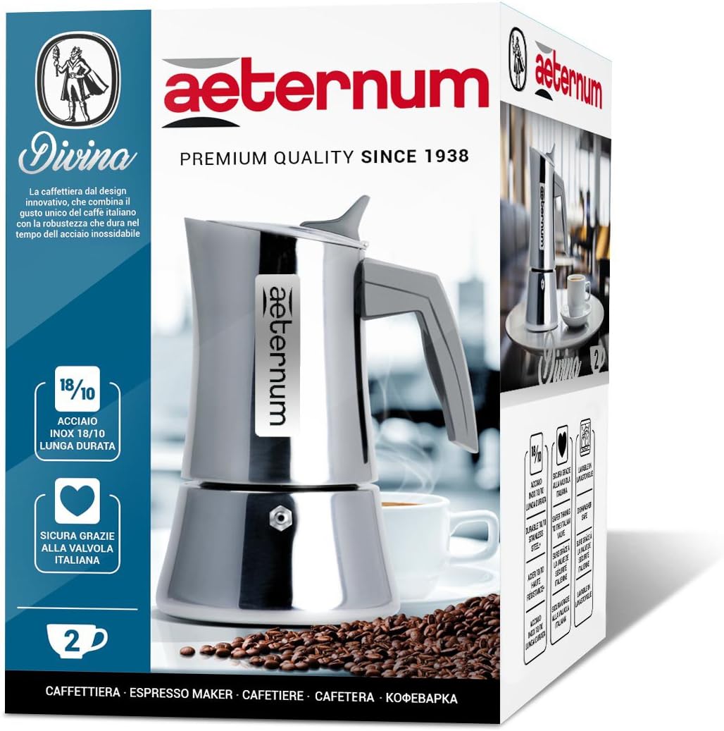 Aeternum Divina Kaffeekanne aus Stahl, 2 Tassen, verbrühungsfreier Griff, silberfarben 2 tazze, 2 ta