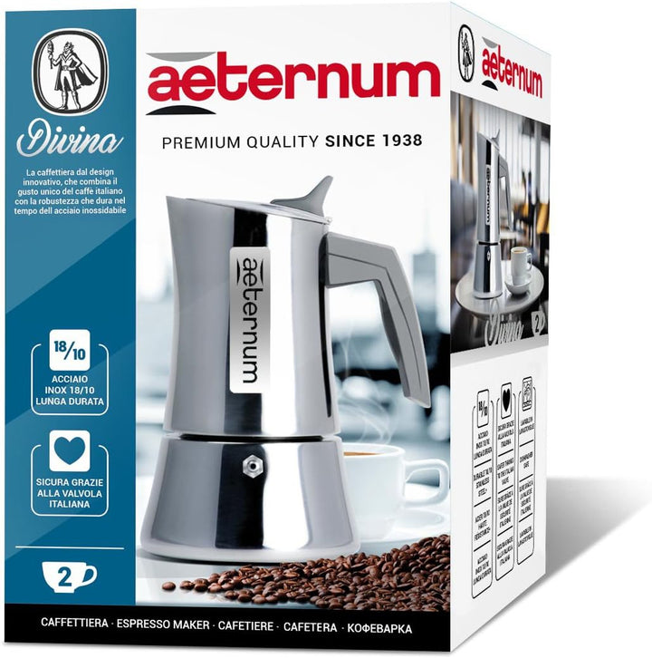 Aeternum Divina Kaffeekanne aus Stahl, 2 Tassen, verbrühungsfreier Griff, silberfarben 2 tazze, 2 ta