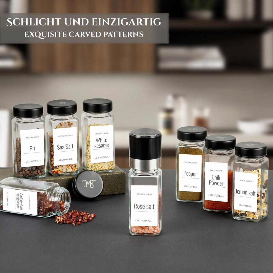 FRIBERG Gewürzgläser Eckig Set 20er,Gewürzstreuer Glas mit Edelstahldeckeln 120ml,mit 2 gewürzmühle