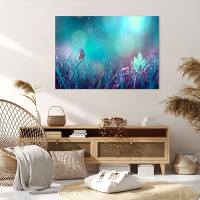 Bilder auf Leinwand 100x70cm Leinwandbild Schmetterling Wiese Blume Gross Wanddeko Bild Schlafzimmer