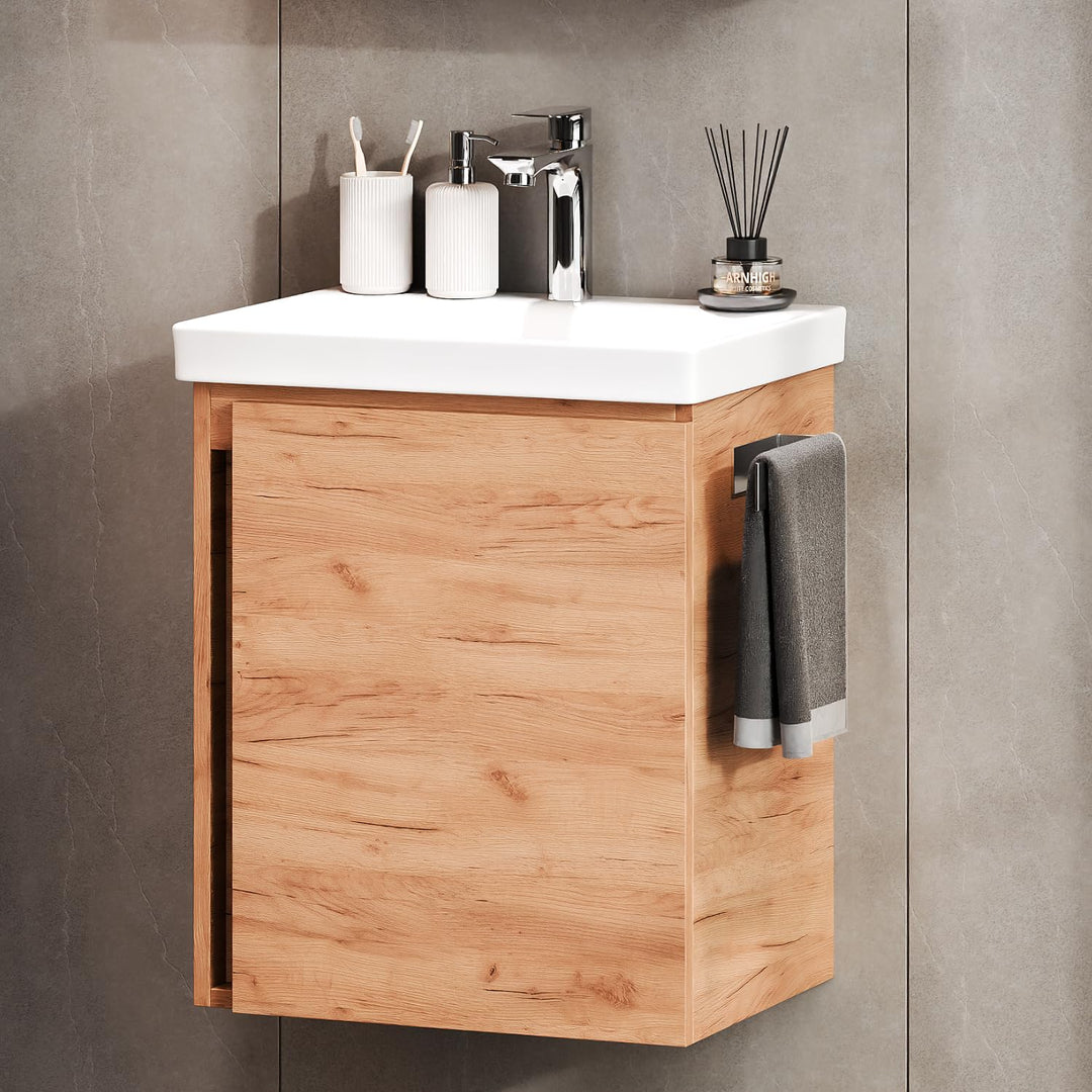 Planetmöbel Waschtischunterschrank 50 cm Gold Eiche mit Armatur Chrom mit Wasserhahn Chrom Gold Eich