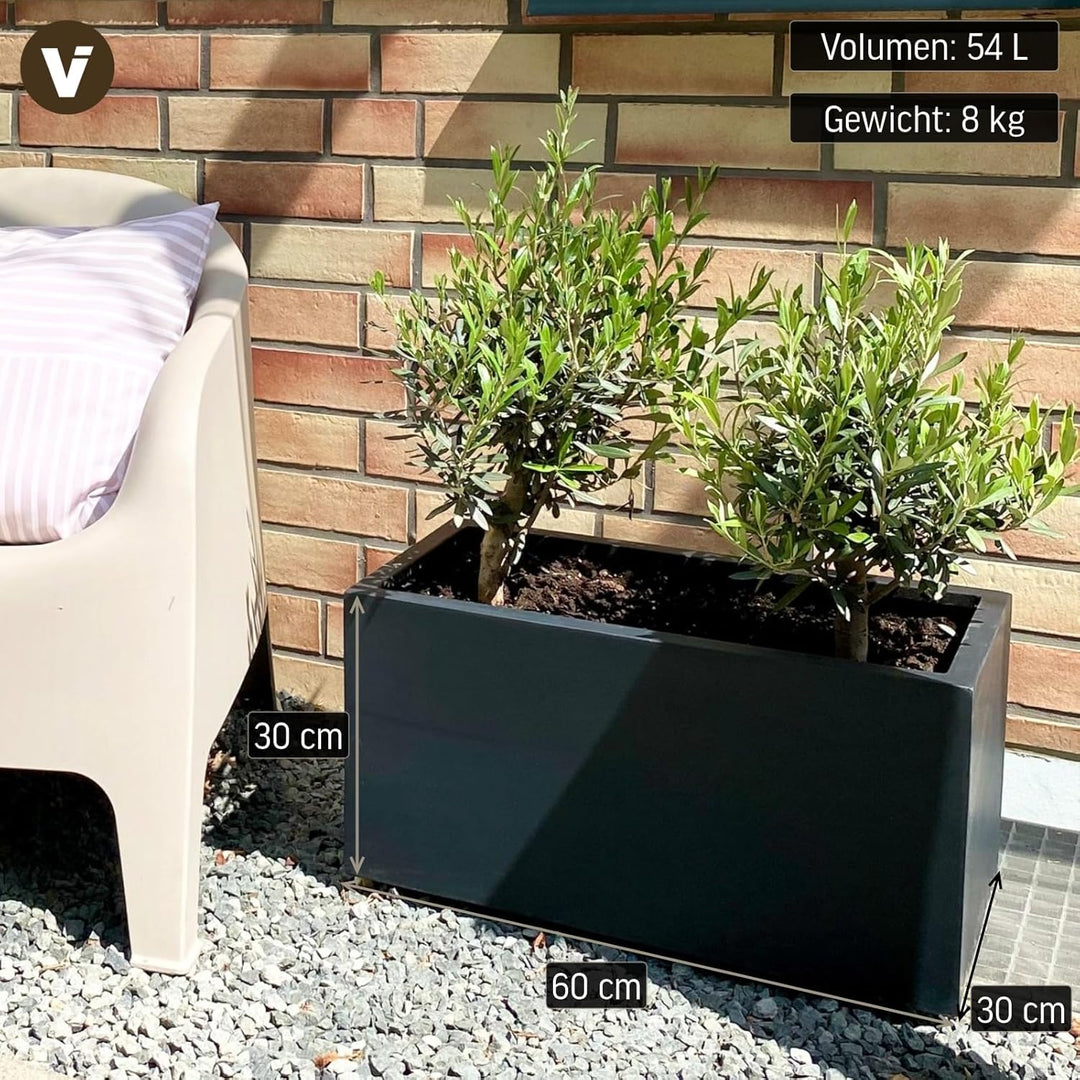 VIVANNO Maxi Pflanztrog, Fiberglas Pflanzgefäss, Rechteckig, Anthrazit, 30x60x30 cm - Robust für Aus