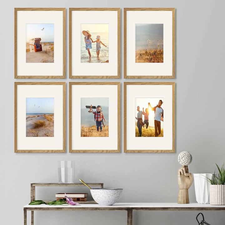 PHOTOLINI 6er Set Holzrahmen Eiche 21x30 cm/DIN A4 mit Passepartout 13x18 cm Massivholz mit Acrylgla