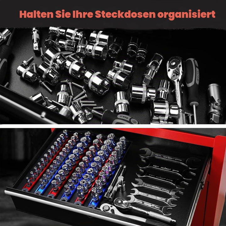 ACEBON Magnetische Stecknuss-Rail 3-tlg, Aluminium Steckschlüssel-Organizer mit 40 Drehbare Clips fü