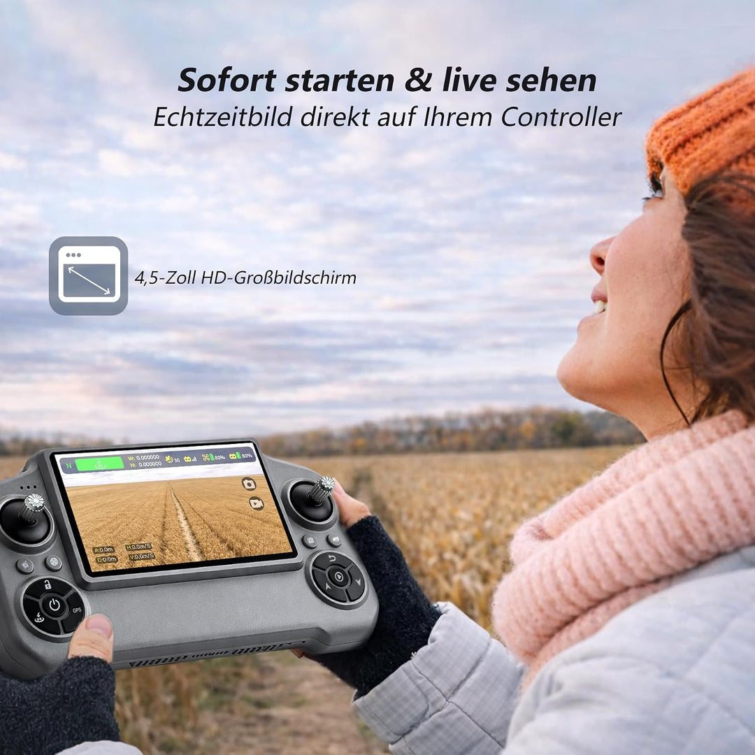 3-Achsen Gimbal GPS Drohne mit 4K Kamera, 4.5" HD Screen Fernsteuerung, 90Min Flugzeit (3 Akkus), 30