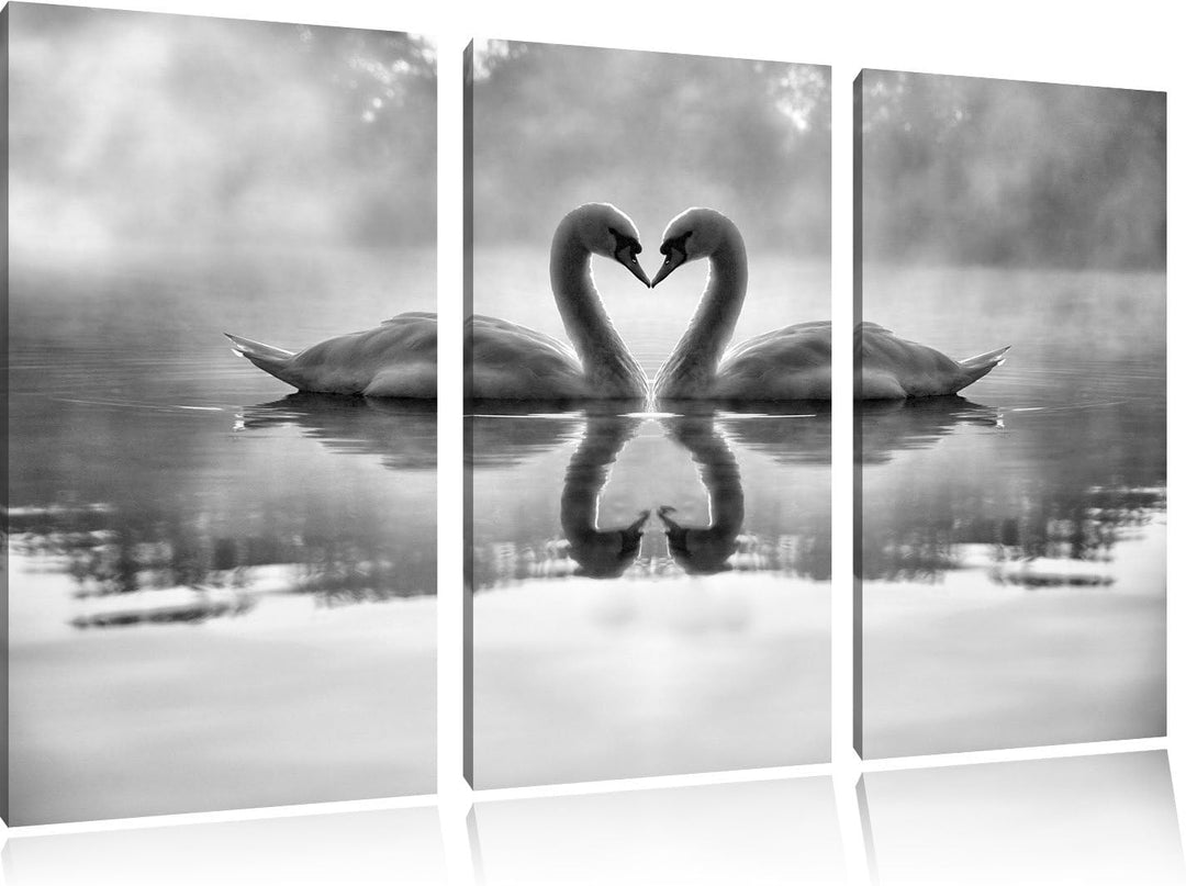 Pixxprint Verliebte Schwäne im Morgengrauen / 3-Teilig/Gesamtmass 120cm Leinwandbild bespannt auf Ho