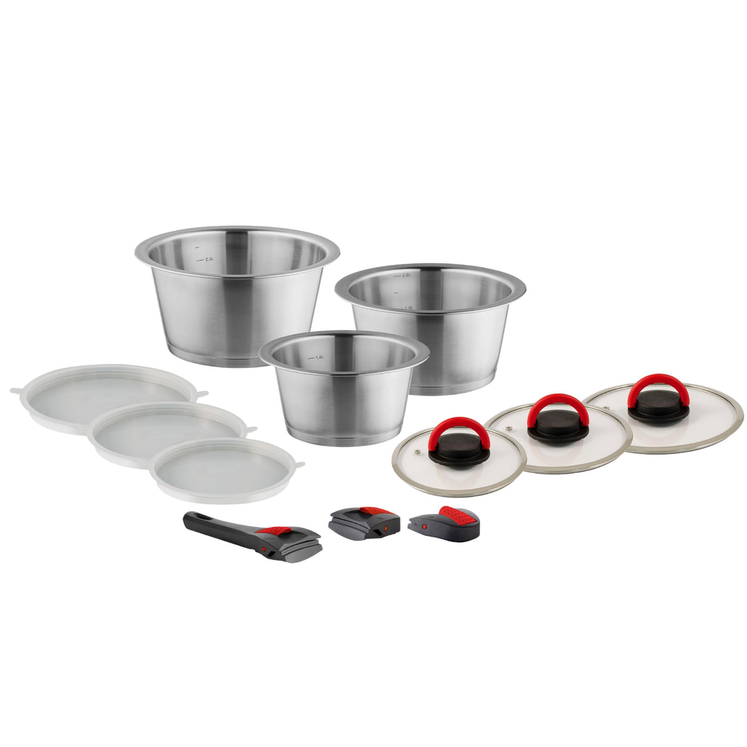 Quick Clack Pro 504793000 Edelstahl Kochtopf Set - 12-teilig - Abnehmbarer Griff, Topfset für Indukt