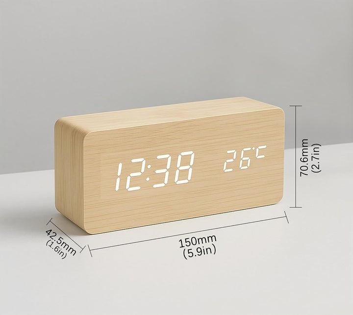 iTOMA Kleiner Holz-Wecker mit 3 Alarmen, manuellem Dimmer, 12-/24-Stunden-Format und weisser LED-Anz