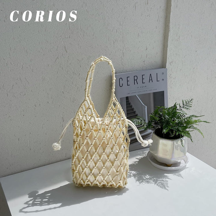 CORIOS Damen Gewebte Handtasche Böhmische Tote Beutel Retro Eimer Taschen Sommer Strand Tasche Gestr