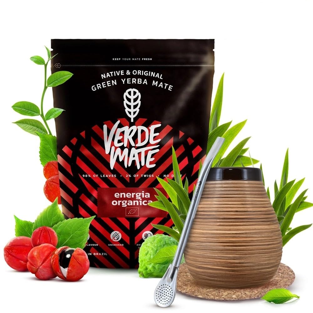 Mate Tee Bio Set Verde Mate - Yerba Mate Energia Organica 400g - aus Brasilien - 5mm Grobe Blätter -