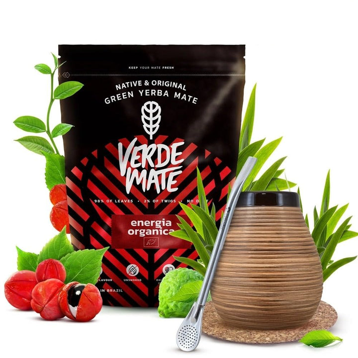 Mate Tee Bio Set Verde Mate - Yerba Mate Energia Organica 400g - aus Brasilien - 5mm Grobe Blätter -