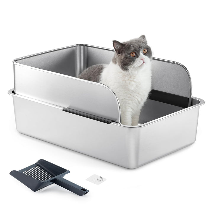 Yangbaga Edelstahl Katzenklo XXL mit Katzenstreuschaufel, Offenes Katzentoilette mit Hohem Rand，Geru